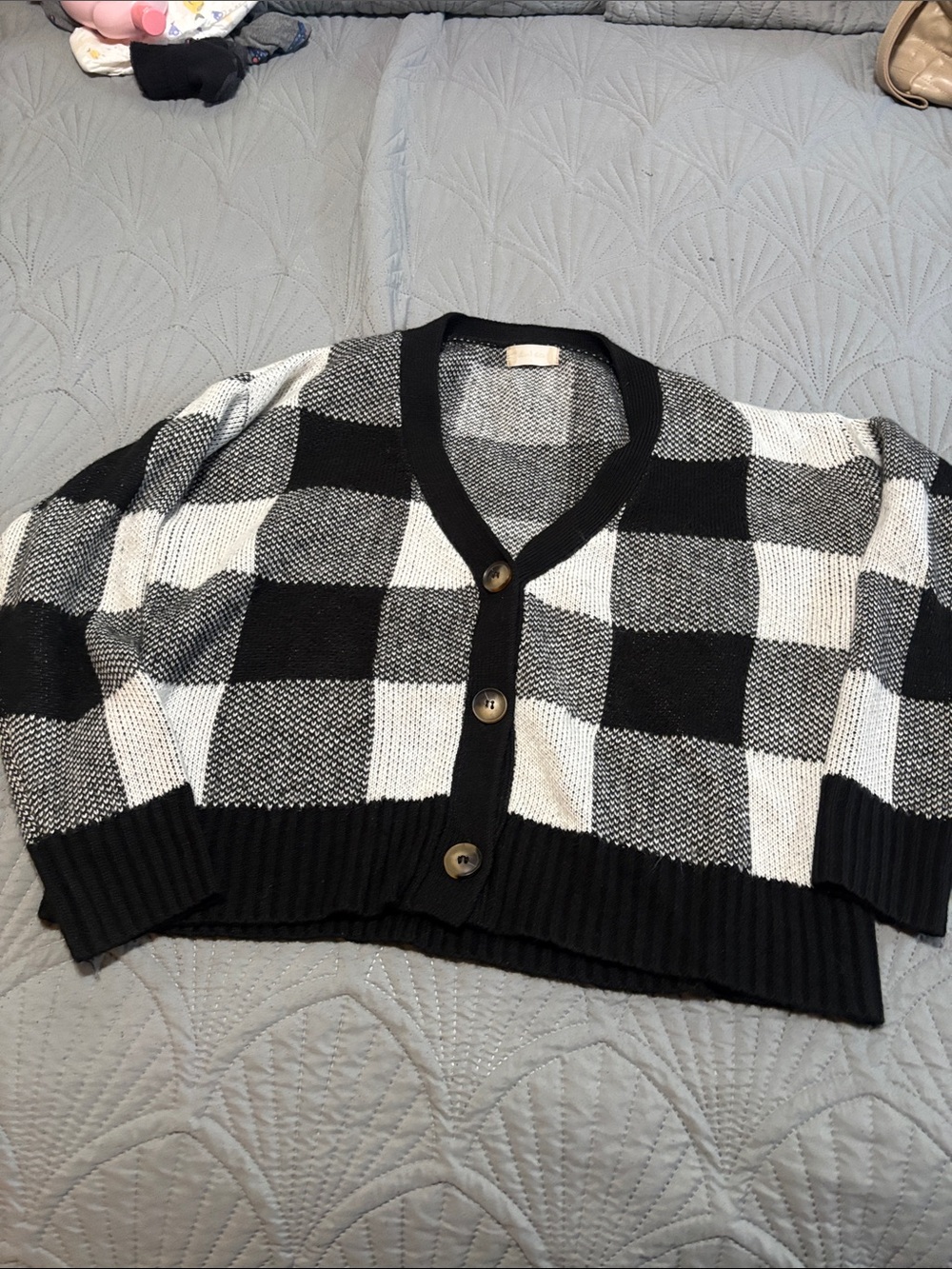 Altar'd State Black and White Checkered Button Cardigan
